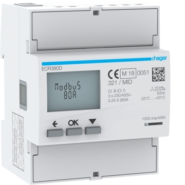 Εικόνα της Μετρητής Ενέργειας 3Φ 80A 4Στ. Modbus Mid Hager ECR380D