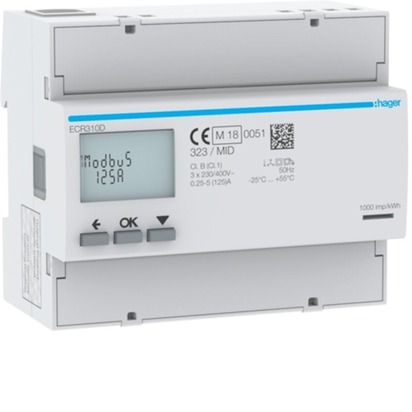 Εικόνα από Μετρητής Ενέργειας 3Φ 125A 6Στ. Modbus Mid Hager ECR310D