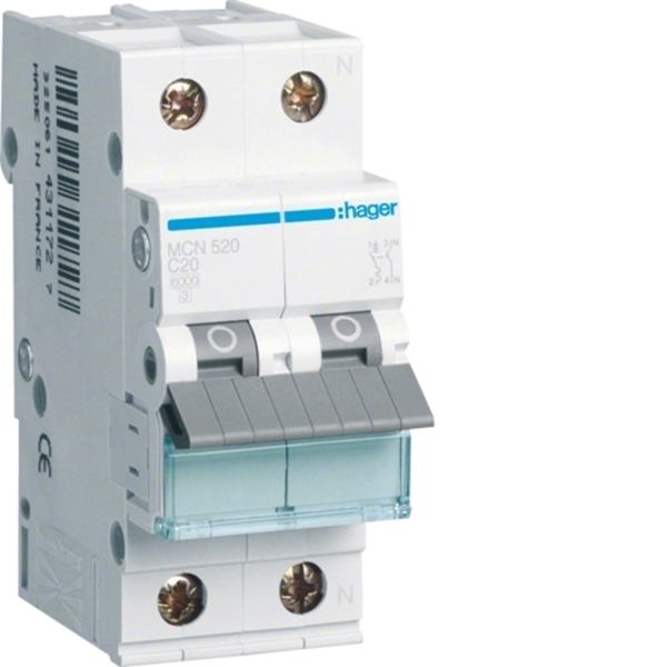 Εικόνα από Αυτόματη Ασφάλεια C 6kA (1P+N, 2 Στ) 20Α Hager MCN520