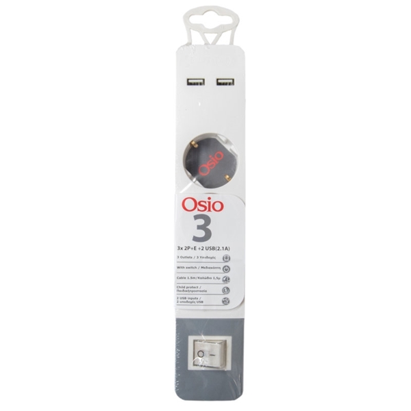 Εικόνα από Osio OPS-3003 Πολύπριζο 3 θέσεων με παιδική προστασία, 2 USB, διακόπτη και καλώδιο 1.5 m