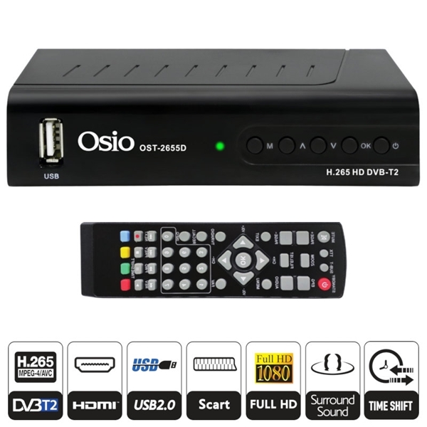 Εικόνα από Osio OST-2655D DVB-T/T2 Full HD H.265 MPEG-4 Ψηφιακός δέκτης με USB