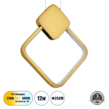 Εικόνα της GloboStar Κρεμαστό Φωτιστικό Οροφής LED CCT 12W 1440lm Εναλλαγή Φωτισμού 2700k Μ20 x Π2.3 x Υ28.5cm Χρυσό Βούρτσας MARY 61084