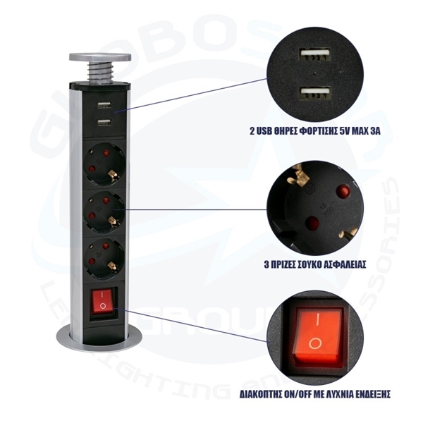 Εικόνα από GloboStar® 79630 Χωνευτό Πτυσσόμενο Πολύμπριζο με 3 Πρίζες Ασφαλείας EU Σούκο AC 230V Max 3000W/13Α & 2 Εξόδους USB 3.0 DC 5V